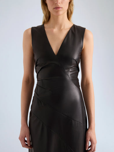 Proenza Schouler Detail image of model wearing Kenza Dress in Nappa Leather in Black