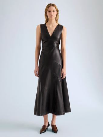 Proenza Schouler Front full length image of model wearing Verretta Coat In Alpaca Coating in Sky Blue