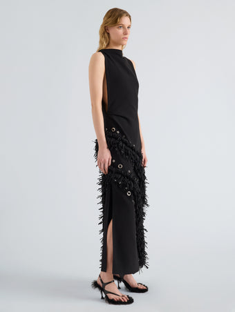 Proenza Schouler Side full length image of model wearing Giovanna Dress in Matte Double Crepe in Black