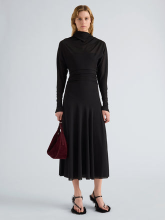 Proenza Schouler Front full length image of model wearing Golda Dress in Textured Sheer Jersey in Black
