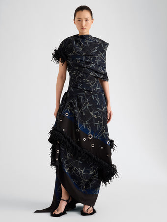 Proenza Schouler Front full length image of model wearing Bodine Dress in Printed Stretch Cady in Ink Multi