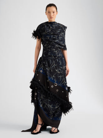 Proenza Schouler Front full length image of model wearing Bodine Dress in Printed Stretch Cady in Ink Multi