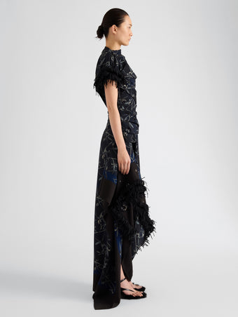 Proenza Schouler Side full length image of model wearing Bodine Dress in Printed Stretch Cady in Ink Multi
