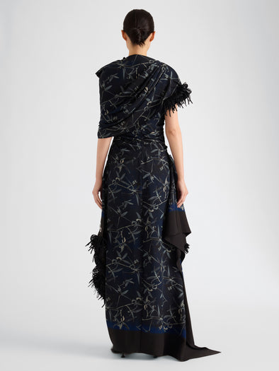 Proenza Schouler Back full length image of model wearing Bodine Dress in Printed Stretch Cady in Ink Multi