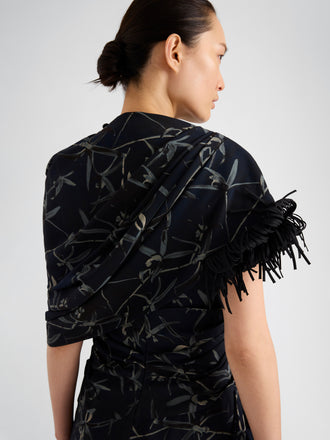 Proenza Schouler Detail image of model wearing Bodine Dress in Printed Stretch Cady in Ink Multi
