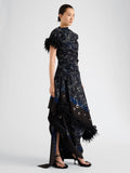 Proenza Schouler Front full length image of model wearing Bodine Dress in Printed Stretch Cady in Ink Multi
