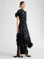 Proenza Schouler Front full length image of model wearing Bodine Dress in Printed Stretch Cady in Ink Multi