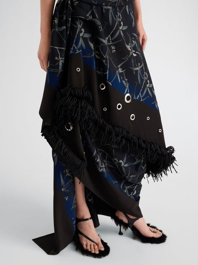 Proenza Schouler Front full length image of model wearing Bodine Dress in Printed Stretch Cady in Ink Multi