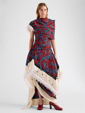 Proenza Schouler Front full length image of model wearing Bodine Dress in Printed Stretch Cady in Madder Multi