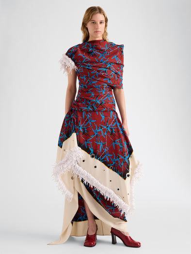 Proenza Schouler Front full length image of model wearing Bodine Dress in Printed Stretch Cady in Madder Multi