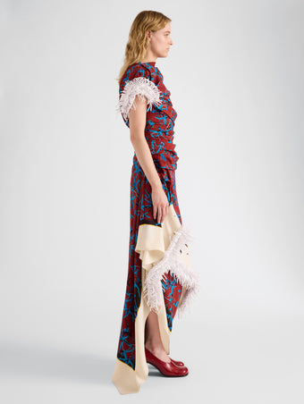 Proenza Schouler Side full length image of model wearing Bodine Dress in Printed Stretch Cady in Madder Multi