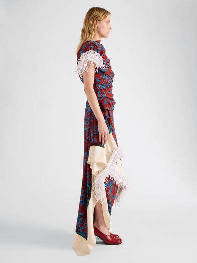 Proenza Schouler Side full length image of model wearing Bodine Dress in Printed Stretch Cady in Madder Multi