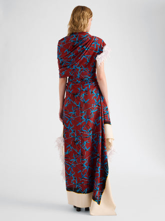 Proenza Schouler Back full length image of model wearing Bodine Dress in Printed Stretch Cady in Madder Multi