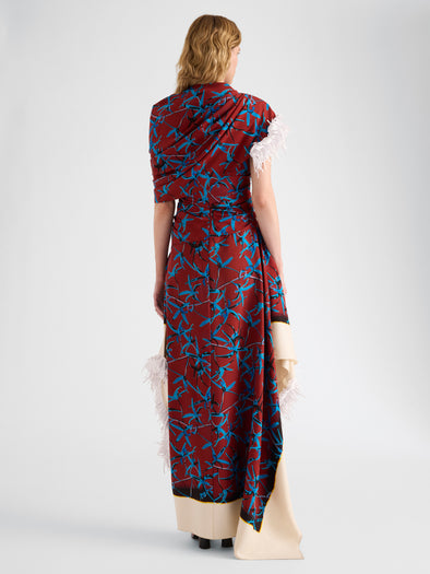 Proenza Schouler Back full length image of model wearing Bodine Dress in Printed Stretch Cady in Madder Multi