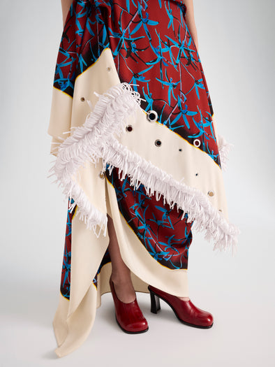 Proenza Schouler Detail image of model wearing Bodine Dress in Printed Stretch Cady in Madder Multi