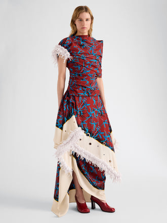 Proenza Schouler Front full length image of model wearing Bodine Dress in Printed Stretch Cady in Madder Multi