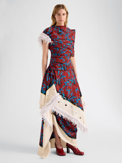 Proenza Schouler Front full length image of model wearing Bodine Dress in Printed Stretch Cady in Madder Multi