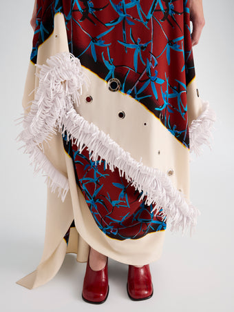 Proenza Schouler Detail image of model wearing Bodine Dress in Printed Stretch Cady in Madder Multi