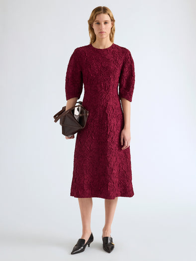 Proenza Schouler Front full length image of model wearing Alin Dress in Crushed Silk in Wine