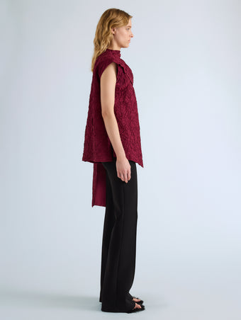 Proenza Schouler Side full length image of model wearing Lina Top in Crushed Silk in Wine