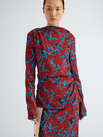 Proenza Schouler Front cropped image of model wearing Anais Top in in Printed Stretch Cady in Madder Multi