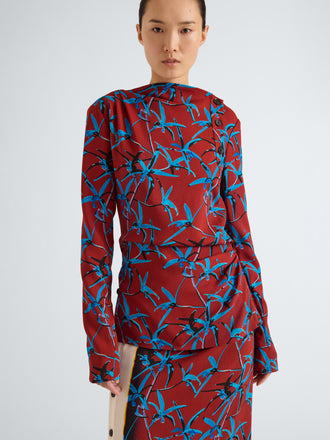 Proenza Schouler Front cropped image of model wearing Anais Top in in Printed Stretch Cady in Madder Multi