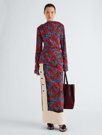 Proenza Schouler Front full length image of model wearing Anais Top in in Printed Stretch Cady in Madder Multi