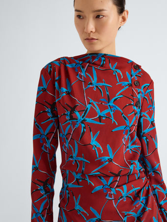 Proenza Schouler Detail image of model wearing Anais Top in in Printed Stretch Cady in Madder Multi