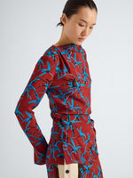 Proenza Schouler Detail image of model wearing Anais Top in in Printed Stretch Cady in Madder Multi