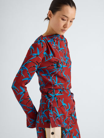 Proenza Schouler Detail image of model wearing Anais Top in in Printed Stretch Cady in Madder Multi