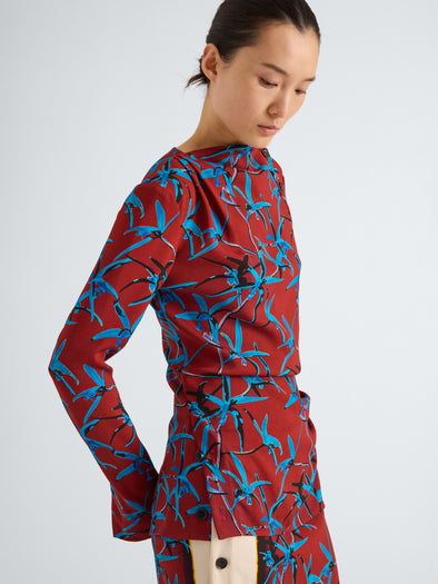 Proenza Schouler Detail image of model wearing Anais Top in in Printed Stretch Cady in Madder Multi
