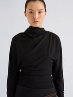 Proenza Schouler Detail image of model wearing Golda Top in Gauzy Jersey in Black