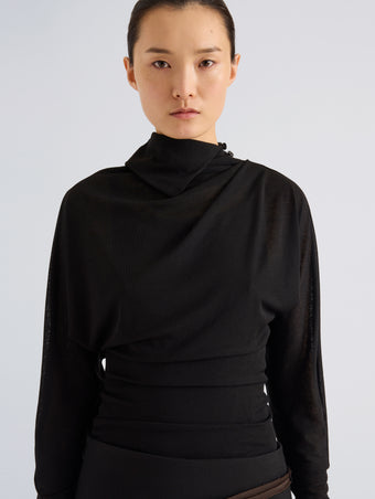 Proenza Schouler Detail image of model wearing Golda Top in Gauzy Jersey in Black