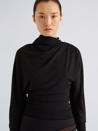 Proenza Schouler Detail image of model wearing Golda Top in Gauzy Jersey in Black