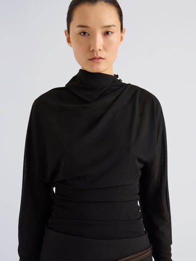 Proenza Schouler Detail image of model wearing Golda Top in Gauzy Jersey in Black