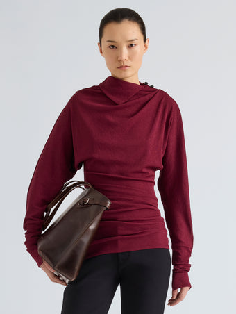 Proenza Schouler Front cropped image of model wearing Golda Top in Gauzy Jersey in Wine