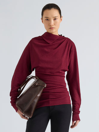 Proenza Schouler Front cropped image of model wearing Golda Top in Gauzy Jersey in Wine