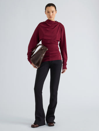 Proenza Schouler Front full length image of model wearing Golda Top in Gauzy Jersey in Wine