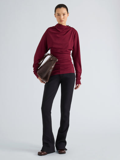 Proenza Schouler Front full length image of model wearing Golda Top in Gauzy Jersey in Wine
