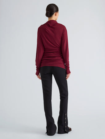 Proenza Schouler Back full length image of model wearing Golda Top in Gauzy Jersey in Wine