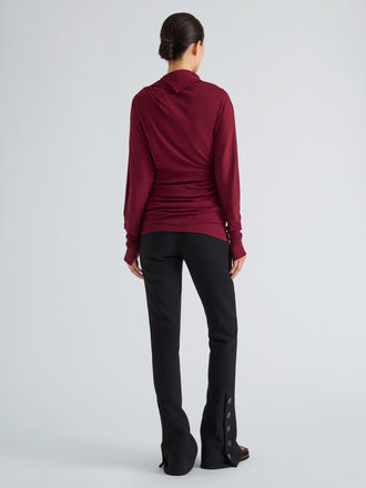 Proenza Schouler Back full length image of model wearing Golda Top in Gauzy Jersey in Wine