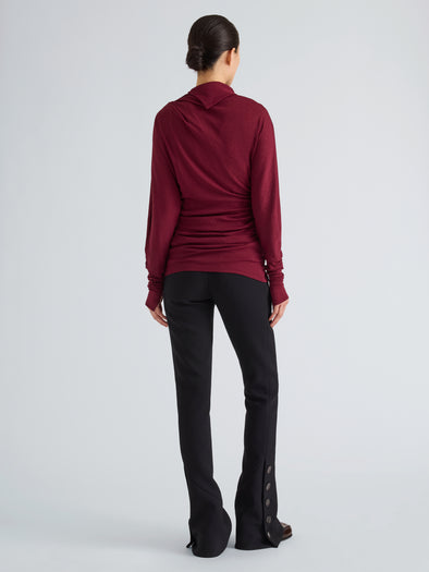 Proenza Schouler Back full length image of model wearing Golda Top in Gauzy Jersey in Wine