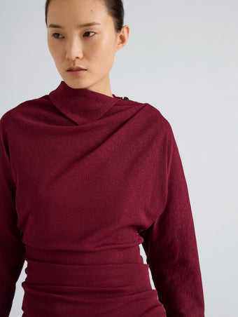 Proenza Schouler Detail image of model wearing Golda Top in Gauzy Jersey in Wine