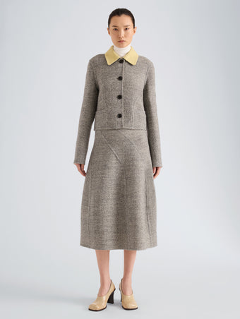 Proenza Schouler Front full length image of model wearing Gaelle Skirt in Double Face Melange Outerwear in Ecru Tahini Multi