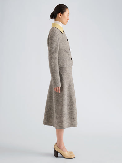 Proenza Schouler Side full length image of model wearing Gaelle Skirt in Double Face Melange Outerwear in Ecru Tahini Multi