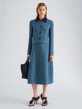 Proenza Schouler Front full length image of model wearing Gaelle Skirt in Double Face Melange Outerwear in Green Midnight Multi