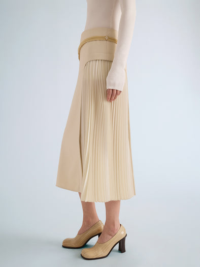 Proenza Schouler Detail image of model wearing Justine Skirt in Bonded Wool Satin in Off White Tahini