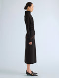 Proenza Schouler Side full length image of model wearing Justine Skirt in Bonded Wool Satin in Black Mink
