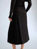 Proenza Schouler Detail image of model wearing Justine Skirt in Bonded Wool Satin in Black Mink