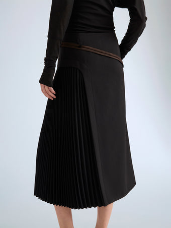 Proenza Schouler Detail image of model wearing Justine Skirt in Bonded Wool Satin in Black Mink